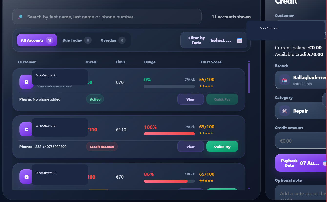 Knight Reach customer credit management screen